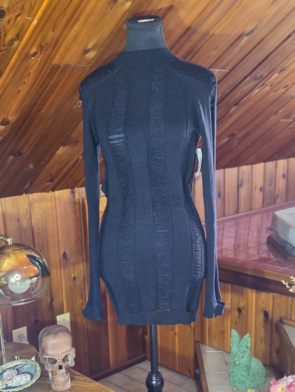 Women's Black Long-Sleeve Ribbed Mock Neck Sweater Dress